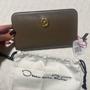 Oscar de la Renta Taupe Wallet with Gold Emblem